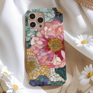 Custodia per telefono con peonia in vetro colorato: mosaico floreale rosa in stile Art Nouveau per iPhone e Galaxy