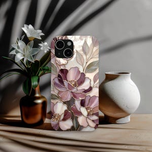 Telefoonhoesje romantisch glas-in-lood met bloemen | Mauve Rose Botanisch Mozaïek | Elegante kunstbeschermhoes afbeelding 14