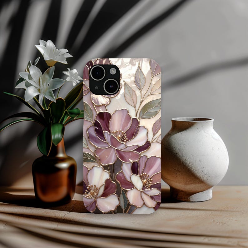 Telefoonhoesje romantisch glas-in-lood met bloemen | Mauve Rose Botanisch Mozaïek | Elegante kunstbeschermhoes afbeelding 14