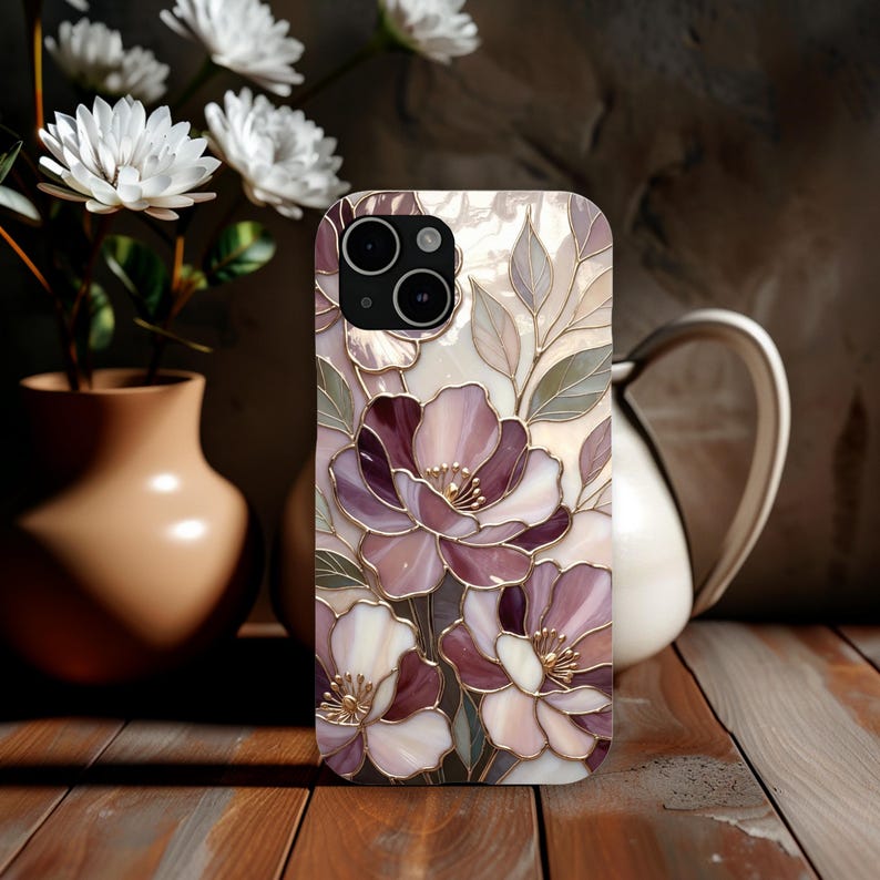 Telefoonhoesje romantisch glas-in-lood met bloemen | Mauve Rose Botanisch Mozaïek | Elegante kunstbeschermhoes afbeelding 19