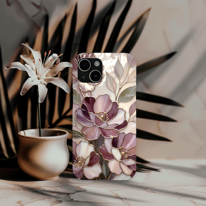 Telefoonhoesje romantisch glas-in-lood met bloemen | Mauve Rose Botanisch Mozaïek | Elegante kunstbeschermhoes afbeelding 15