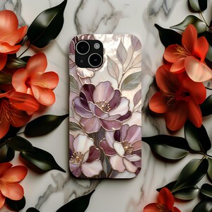 Telefoonhoesje romantisch glas-in-lood met bloemen | Mauve Rose Botanisch Mozaïek | Elegante kunstbeschermhoes afbeelding 18
