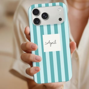 Coque de portable personnalisée avec tampon nominatif bleu canard à rayures menthe pour iPhone Samsung Galaxy