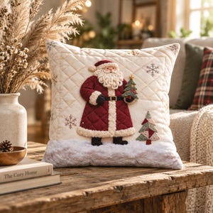 Old World Santa Throw Pillow, Quilted Look Red Christmas Cushion Cover, Farmhouse Holiday Decor