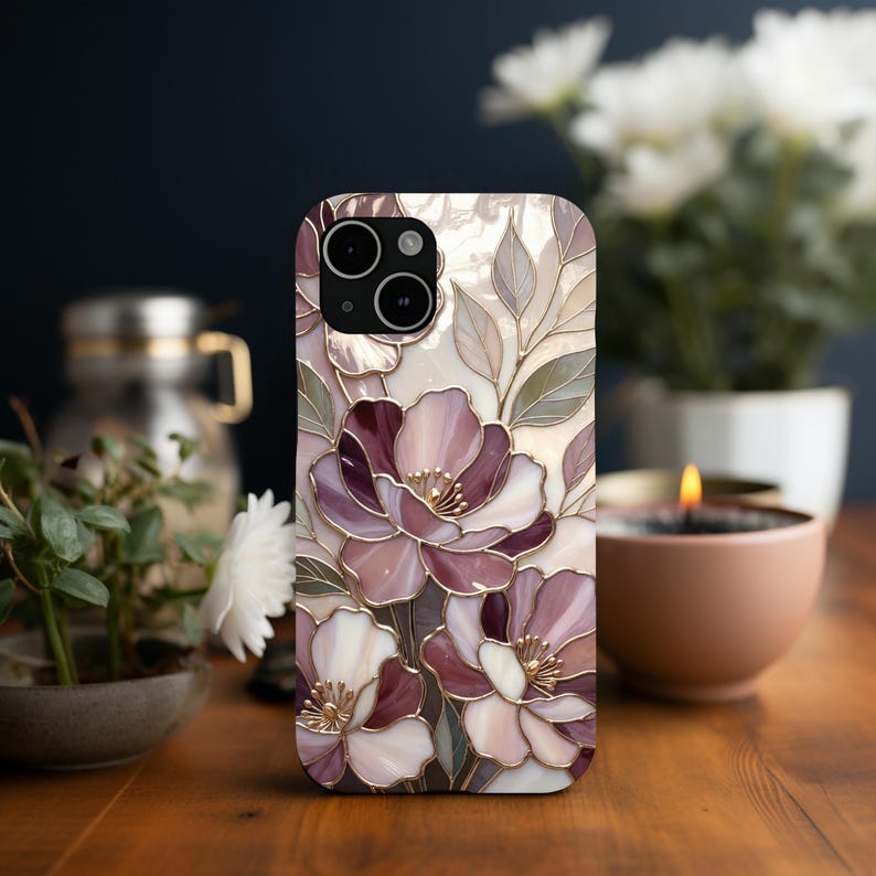 Telefoonhoesje romantisch glas-in-lood met bloemen | Mauve Rose Botanisch Mozaïek | Elegante kunstbeschermhoes afbeelding 13