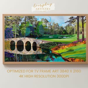 Könnte beinhalten: Ein gerahmter Landschaftskunst-Druck, der einen Golfplatz mit einer Steinbrücke über Wasser zeigt. Das Kunstwerk hat einen Holzrahmen und enthält den Text "Everyday ARTISTRY" und "OPTIMIZED FOR TV FRAME ART 3840 X 2160 4K HIGH RESOLUTION 300DPI".