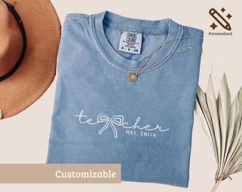 Personalized Teacher Name Shirt, Custom Teacher Sweatshirt with Bow, Back to School Teacher Gift, Teacher Appreciation Tee, Cute Shirt