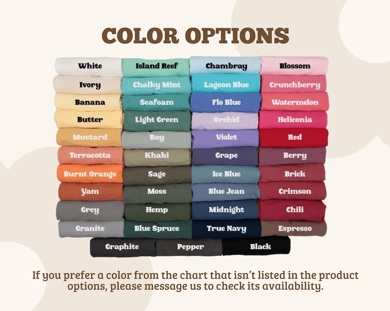 May include: A color chart displaying folded fabric swatches in various shades including white, ivory, yellow, orange, red, pink, purple, blue, green, grey, brown, and black. Each swatch is labeled with its corresponding color name in black text.