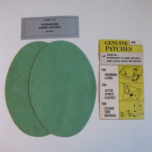 May include: A pair of green ultrasuede elbow patches, packaged with a yellow and white card that reads "Genuine Patches" and describes their uses for decoration, reinforcement, and active sports clothes.