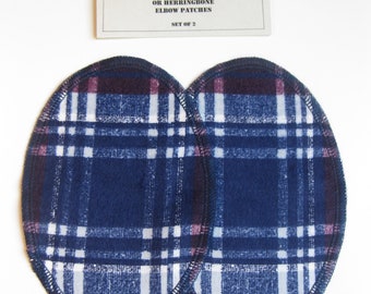 Elbow Patches - Navy Blue, Burgundy and White Distressed Plaid Cotton - Set of 2