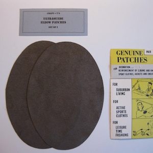 May include: Two brown ultrasuede elbow patches, set of two, for decoration and reinforcement of elbows and knees. The packaging says "Genuine Patches" and lists uses for suburban living, active sports clothes, and leisure time fashions.