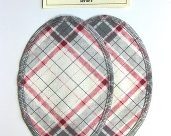 Elbow Patches - Gray Red and Cream Diagonal Plaid Flannel - Set of 2