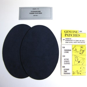 May include: Two dark blue ultrasuede elbow patches, a pair of elbow patches for clothing, with a yellow and black instruction card that says "Genuine Patches" and lists uses for "Suburban Living", "Active Sports Clothes", and "Leisure Time Fashions".