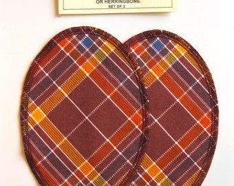 Elbow Patches - Burgundy, Orange, Gold and Blue Plaid Cotton - Set of 2