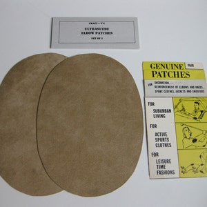 May include: Two brown ultrasuede elbow patches, a set of two, with instructions for use on a yellow card. The card reads "Genuine Patches" and lists uses for "Decoration", "Suburban Living", "Active Sports Clothes", and "Leisure Time Fashions".
