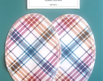 Elbow Patches - Cream, Teal, Raspberry and Orange Plaid Cotton - Set of 2