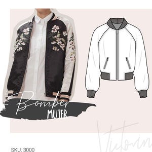 May include: A black and white bomber jacket with floral embroidery and a white shirt underneath. The jacket has a zipper closure and ribbed cuffs. A line drawing of a white bomber jacket is also shown.