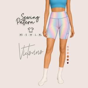 Puede incluir: Una persona lleva un sujetador deportivo azul y unos pantalones cortos de ciclista de color arcoíris. Los pantalones cortos tienen cintura alta y bolsillos laterales. La imagen también incluye el texto "Sewing Pattern" y "Victorino", con tallas XS-XL.