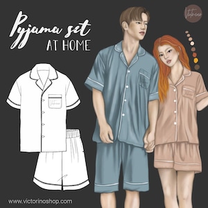 May include: Illustration of a pajama set with a matching top and shorts. The image features a couple wearing blue and peach-colored pajamas. The words "Pyjama set AT HOME" are written in a script font. A technical drawing of the pajama set is also included.