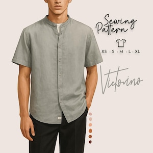 Puede incluir: Una camisa verde claro de manga corta con cuello mao y cierre de botones. Se combina con pantalones negros. El texto en la imagen dice "Sewing Pattern" y "Victorino", con tallas XS-XL.