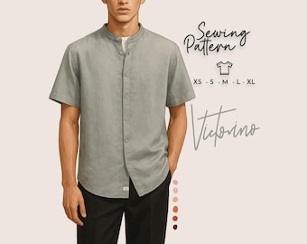 PDF Sewing Pattern – Men’s Band Collar Shirt | Regular Fit Short Sleeve Shirt | Digital Sewing Pattern