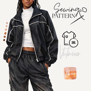 Puede incluir: Chaqueta deportiva negra y pantalón a juego con ribete blanco. La chaqueta tiene cierre de cremallera y cuello alto. La imagen también incluye el texto "Sewing Pattern" y un gráfico de talla 3XL.