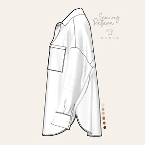 May include: A white button-down shirt sewing pattern, featuring a collared neckline, a chest pocket, and long sleeves with buttoned cuffs. The pattern includes sizes XS to XL. The words "Sewing Pattern" are written in cursive.