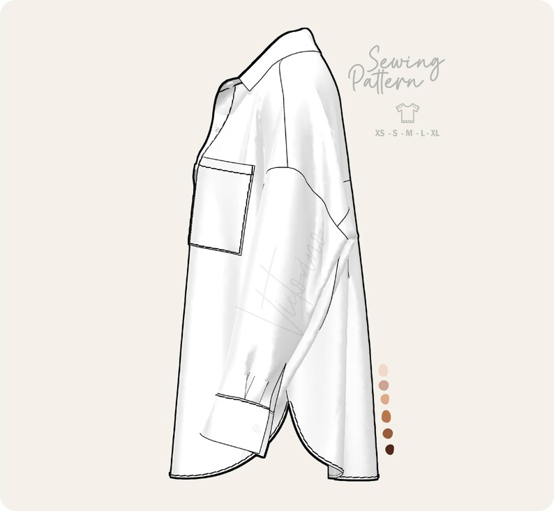 May include: A white button-down shirt sewing pattern, featuring a collared neckline, a chest pocket, and long sleeves with buttoned cuffs. The pattern includes sizes XS to XL. The words "Sewing Pattern" are written in cursive.