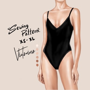 May include: A black one-piece swimsuit with a V-neckline and thin straps. The image includes the text "Sewing Pattern" and "XS-XL" in black script. The illustration is set against a neutral background with a color palette.