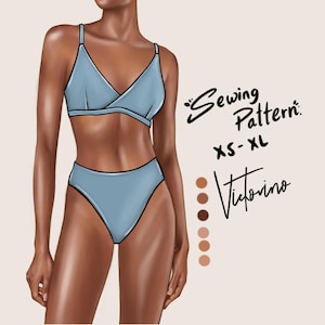Puede incluir: Ilustración de un conjunto de lencería azul claro. El conjunto incluye un sujetador de estilo triangular y braguitas de cintura alta. El texto de la imagen dice "Sewing Pattern" y "XS-XL" con el nombre "Victorino".