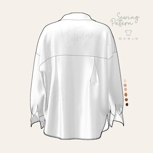 May include: A white, oversized shirt sewing pattern, viewed from the back, with the word "Victorino" in script on the upper back. The text "Sewing Pattern" and size options XS-XL are also visible. A color palette is on the right.