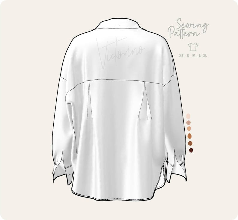 May include: A white, oversized shirt sewing pattern, viewed from the back, with the word "Victorino" in script on the upper back. The text "Sewing Pattern" and size options XS-XL are also visible. A color palette is on the right.