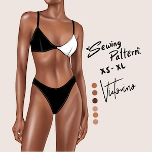 Puede incluir: Ilustración de un conjunto de bikini blanco y negro. La parte superior es de estilo triangular con paneles blancos y negros. La parte inferior es de corte alto y negra. El texto en la imagen dice "Sewing Pattern" y "XS-XL" con el nombre "Victorino".
