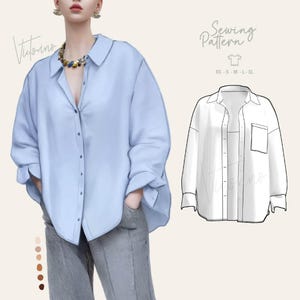 May include: A light blue button-down shirt with long sleeves and a collar. The image also includes a sewing pattern illustration of the shirt, with the text "Sewing Pattern" and size options XS-XL.