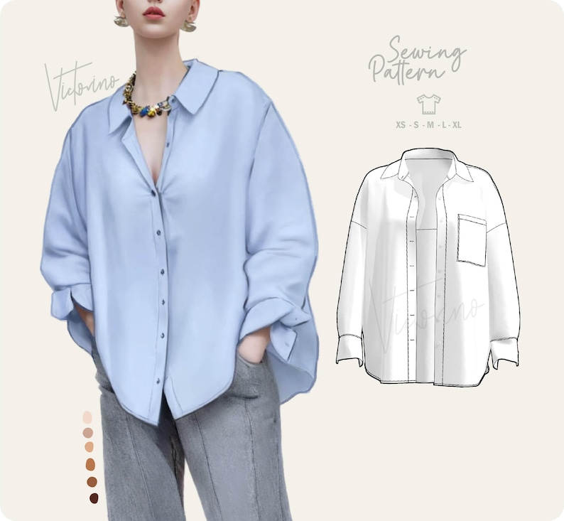 May include: A light blue button-down shirt with long sleeves and a collar. The image also includes a sewing pattern illustration of the shirt, with the text "Sewing Pattern" and size options XS-XL.