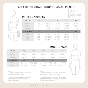 May include: Body measurement chart in English and Spanish, with measurements in inches and centimeters. Includes chest, waist, and hip sizes for women and men, ranging from XS to XL. The chart is on a cream background.