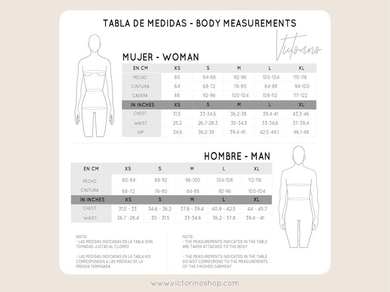May include: Body measurement chart in English and Spanish, with measurements in inches and centimeters. Includes chest, waist, and hip sizes for women and men, ranging from XS to XL. The chart is on a cream background.