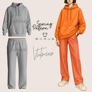 Op de afbeelding: Een illustratie van een naaipatroon met een grijze hoodie en joggingbroek set, en een persoon die een oranje hoodie en broek draagt. De tekst "Sewing Pattern" en de maten XS-XL zijn inbegrepen. De merknaam "Victorino" is ook zichtbaar.