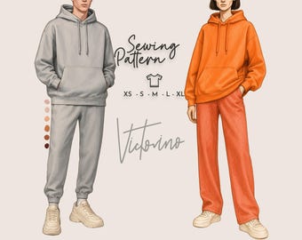 May include: Illustration of a gray hoodie and sweatpants set and an orange hoodie and pants set. The image includes the text "Sewing Pattern" and "Victorino", with size options XS-XL. The outfits are shown on two figures.