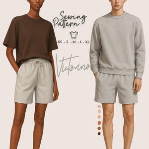 May include: A woman wearing a brown t-shirt and light beige shorts with a drawstring waist. A man wears a gray sweatshirt and matching shorts. The image includes the text "Sewing Pattern" and "Victorino", with size options.