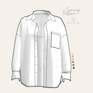 May include: Line drawing of a white button-down shirt with a pocket on the chest. The image includes the text "Sewing Pattern" and size options: XS, S, M, L, XL. The shirt has long sleeves and a classic collar.