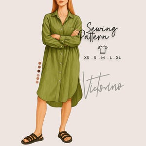 Puede incluir: Ilustración de un patrón de costura de vestido camisero verde. El vestido tiene mangas largas, una botonadura frontal y un dobladillo asimétrico. Se muestra el texto "Sewing Pattern" y "Victorino". Tallas XS a XL.