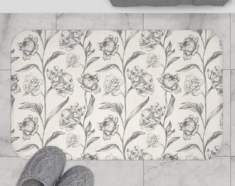 Hand-Drawn Peony Pattern Bath Mat | Floral Bathroom Rug
