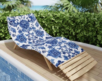 Toalla de playa con estampado Toile Chinoiserie floral azul / Diseño floral vintage