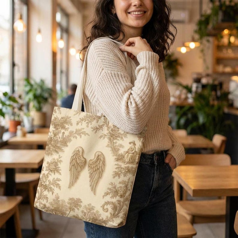 Vintage toile tote bag with angel wings and beige botanical print, rustic French country tote in vintage cottagecore style.