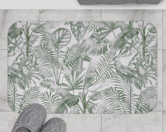 Tropical Palm Leaf Bath Mat | Green Botanical Print
