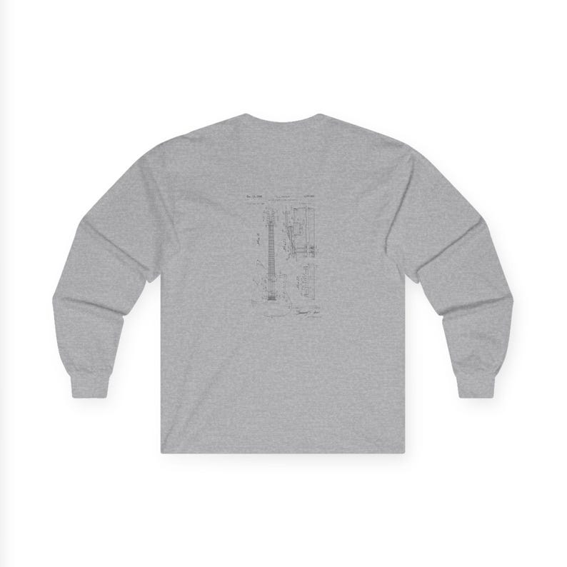 Unisex vintage guitar patent long sleeve tee with electric guitar blueprint in Fender-style patent art.