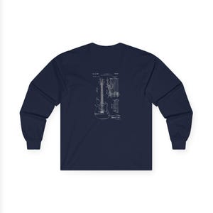 Unisex vintage guitar patent long sleeve tee with electric guitar blueprint in Fender-style patent art.