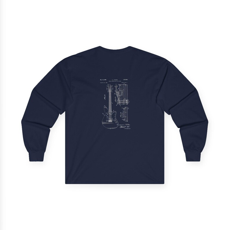Unisex vintage guitar patent long sleeve tee with electric guitar blueprint in Fender-style patent art.