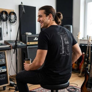 T-shirt with a vintage guitar blueprint patent drawing in a Fender-style diagram.